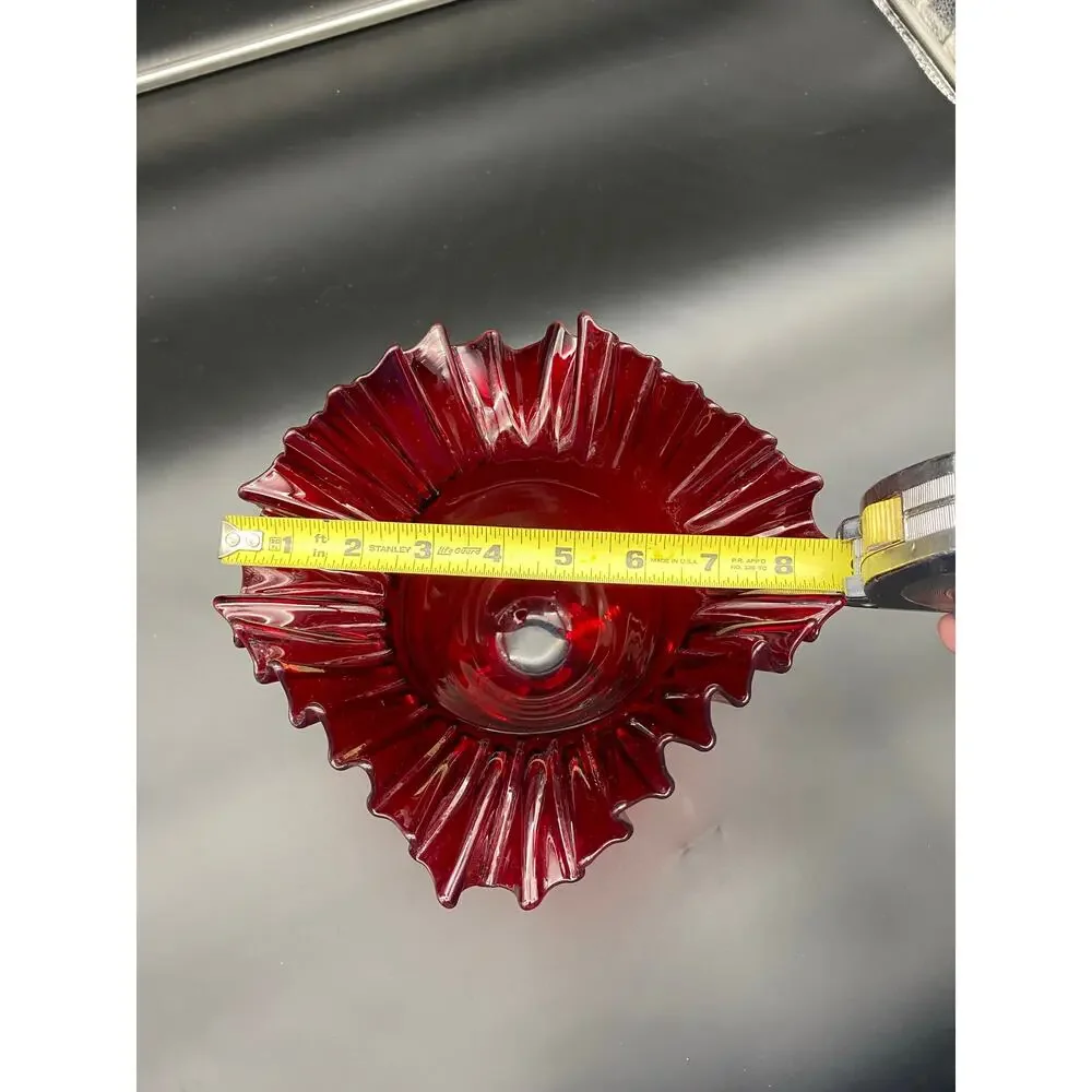 Vintage Blenko Ruby Red Crimped Edge Pedestal Vase 9